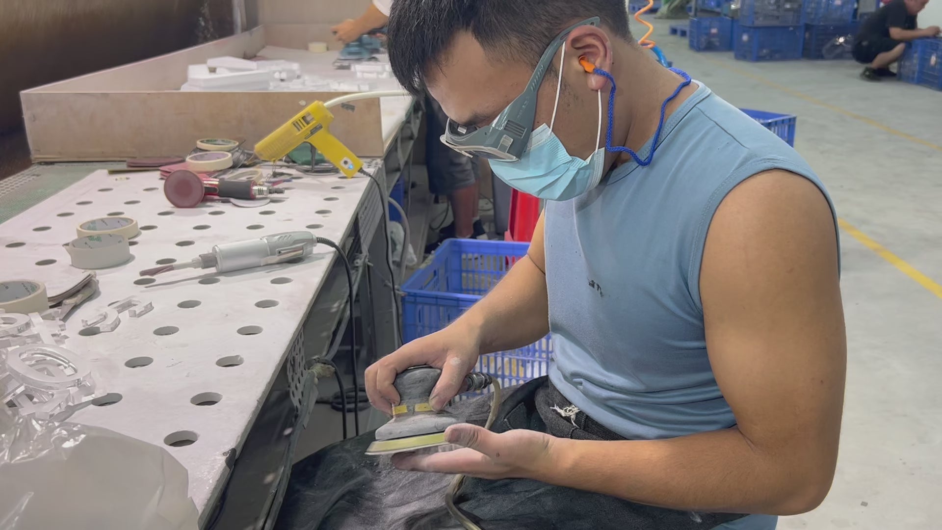 Load video: Polishing Sanding Grinding process workshop in signage manufacture